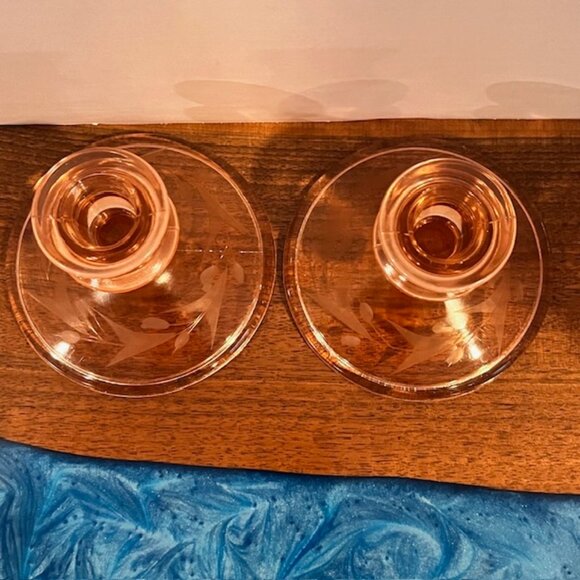 Vintage Pink Depression Glass Etched Flowers Candlesticks - Picture 5 of 7